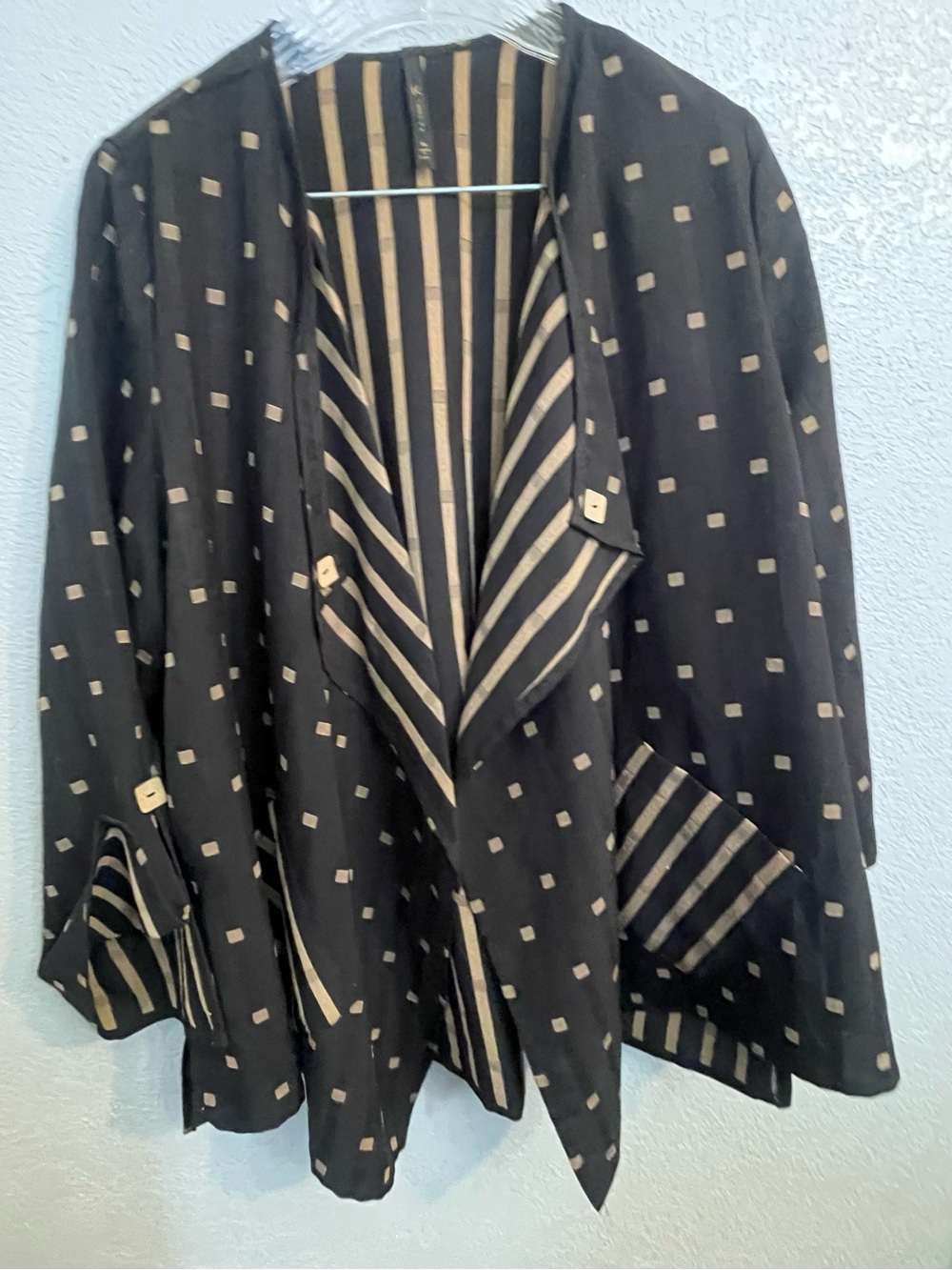 IC By Connie K Cardigan Jacket Xl Black Tan Art To Wear Lagenlook Open Front